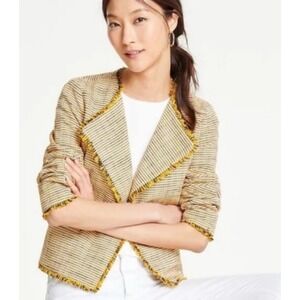 Ann Taylor Women's Yellow Navy Blue Tweed Fringe Open Front Blazer Jacket Size 4